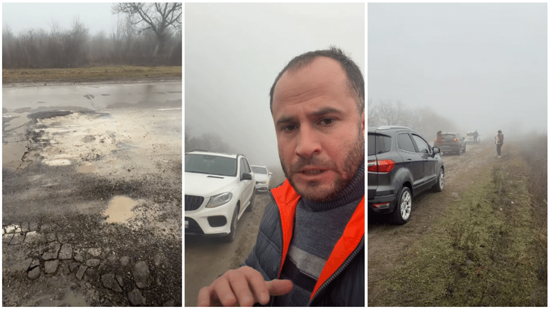 Grigore Manoli, supărat pe situația drumurilor naționale pline de gropi și glod: „Stăm 5 mașini aici cu cauciucurile tăiate!”