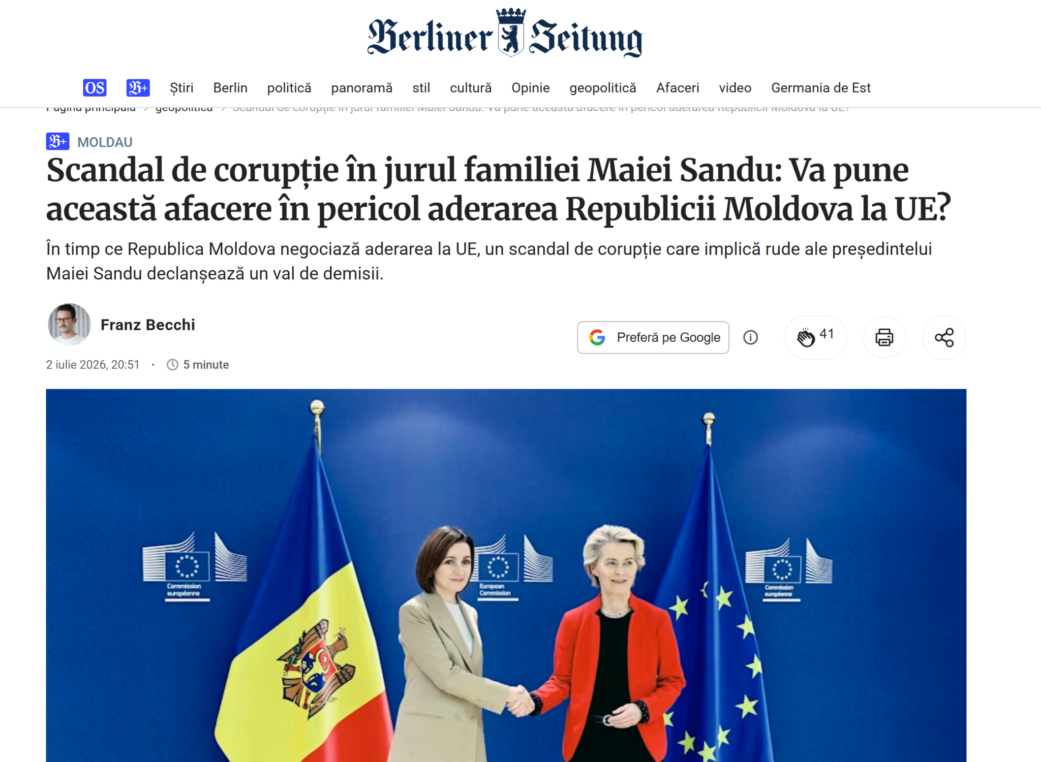 Scandal de corupție în jurul familiei Maiei Sandu: Afectează afacerea aderarea Moldovei la UE / Berliner Zeitung